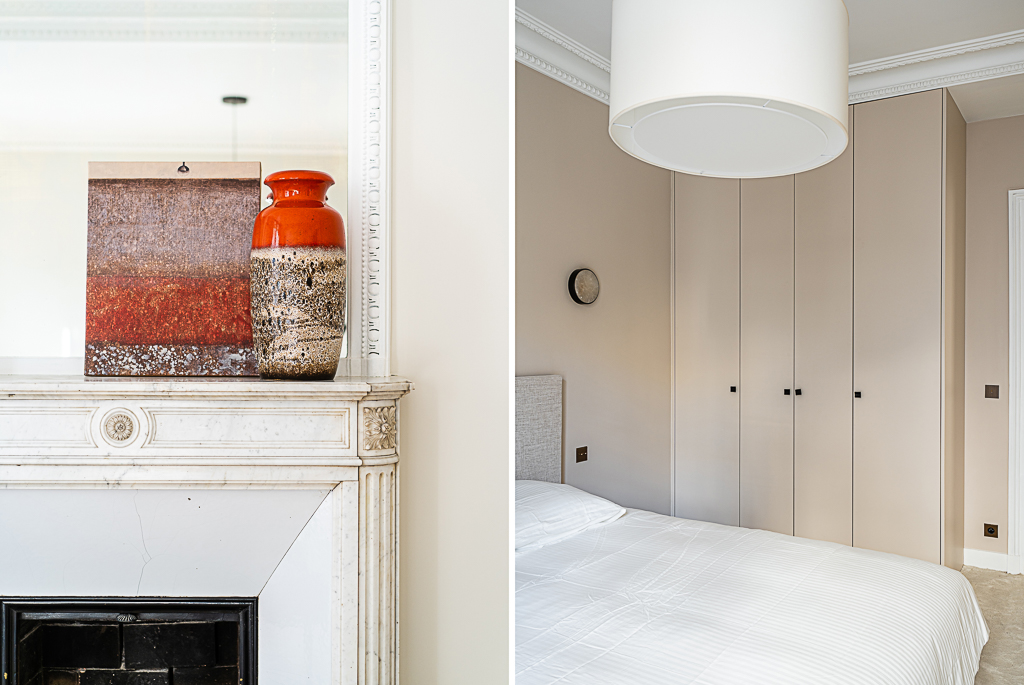 Détail d'une cheminée en marbre et chambre avec placards sur mesure