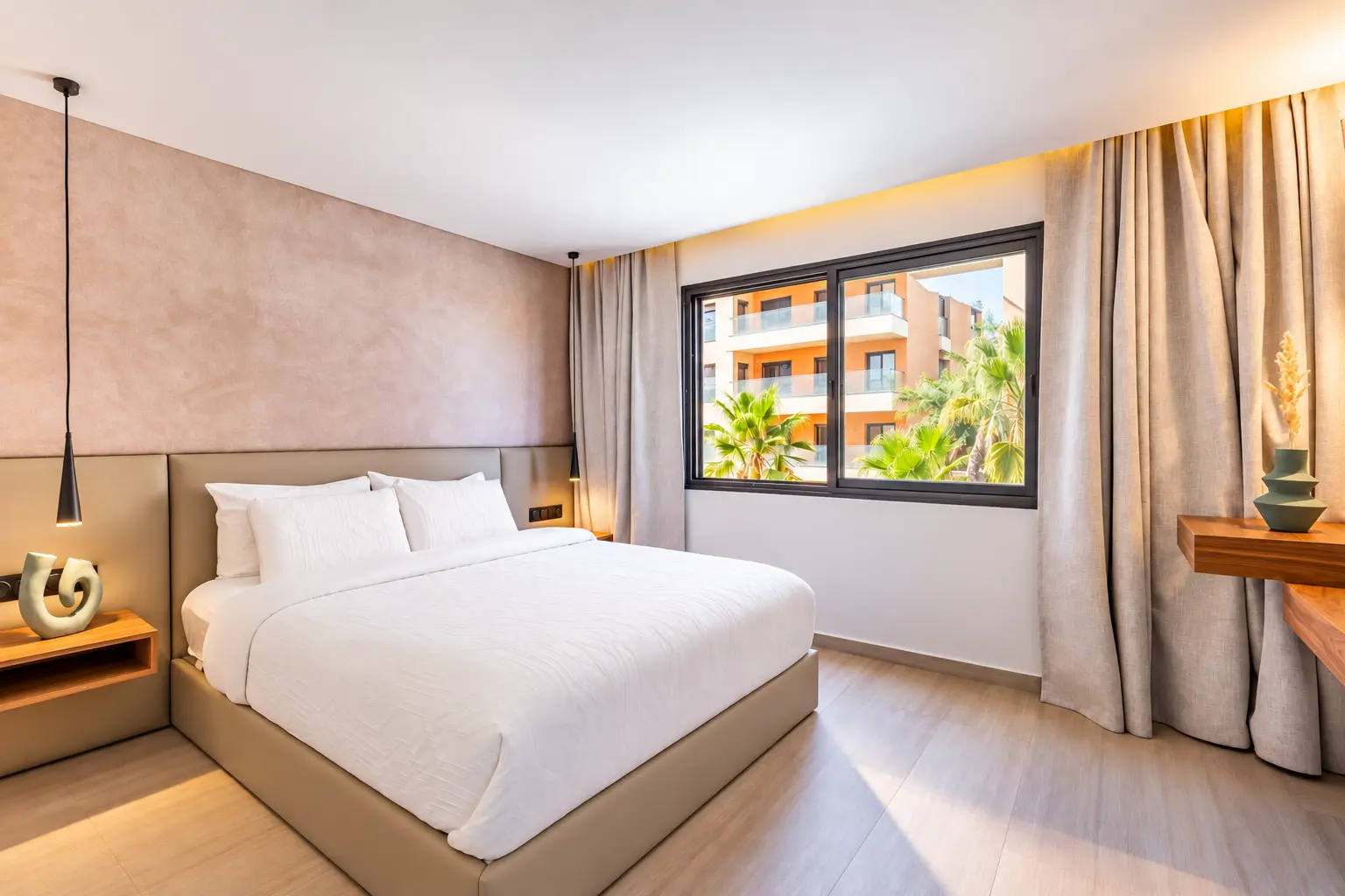 Chambre à coucher beige, tête de lit capitonnée et fenêtre ouverte sur la végétation tropicale